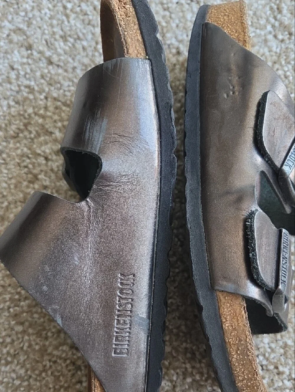 Birkenstock Brown/Black Leather Buckle Slide Sandals